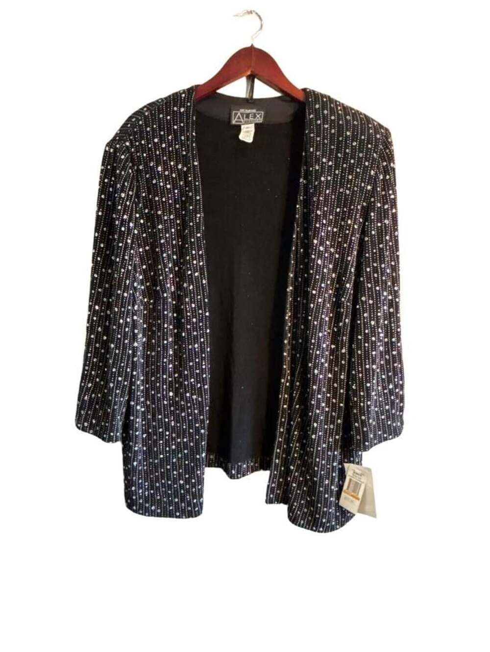 Alex Evenings Black and Silver Rhinestone Dot Open Front Jacket 3X